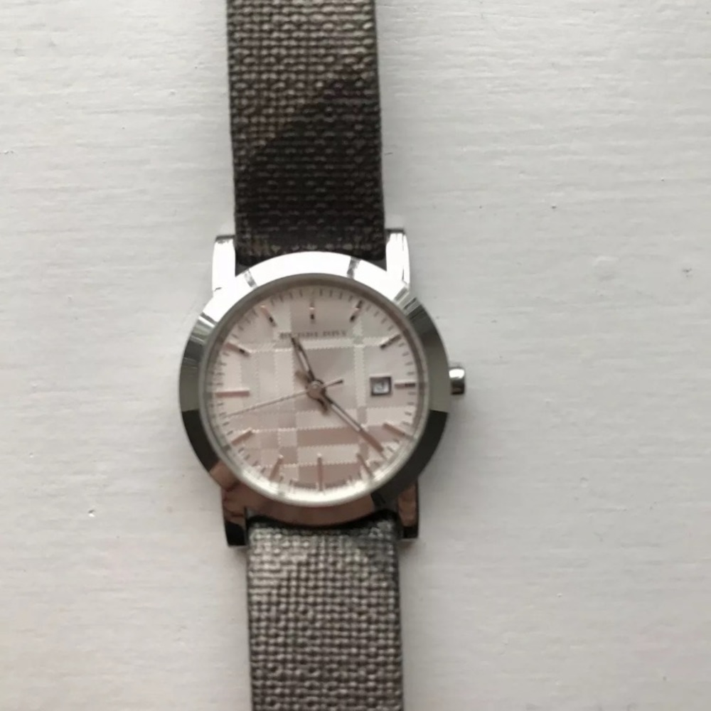 Burberry Gray/black plaid metallic leather watch